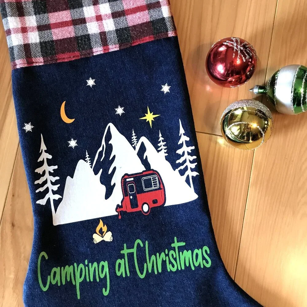 Handmade Denim Christmas Stocking, Mountains Cabin Decor Camping Fishing M-L